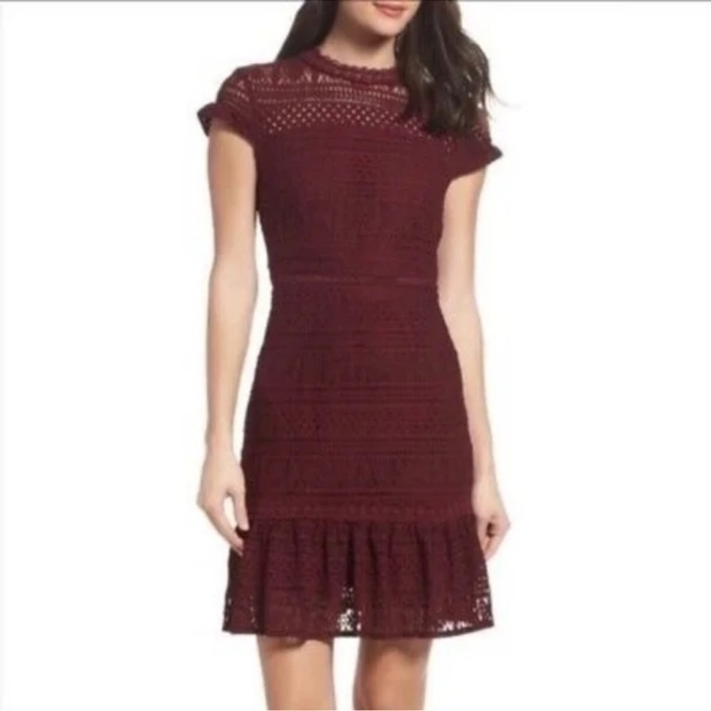 New $163 Nordstrom Foxiedox Open Back Ellie Dress Fit and Flare Lace in Burgundy